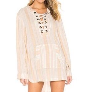 EUC L*Space Love Letter White Tan Striped Hoodie Lace Up Tunic Size M